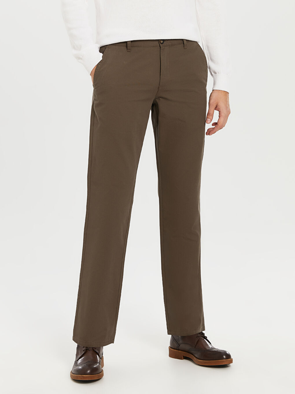 Kahverengi Geniş Kalıp Gabardin Erkek Chino Pantolon-2