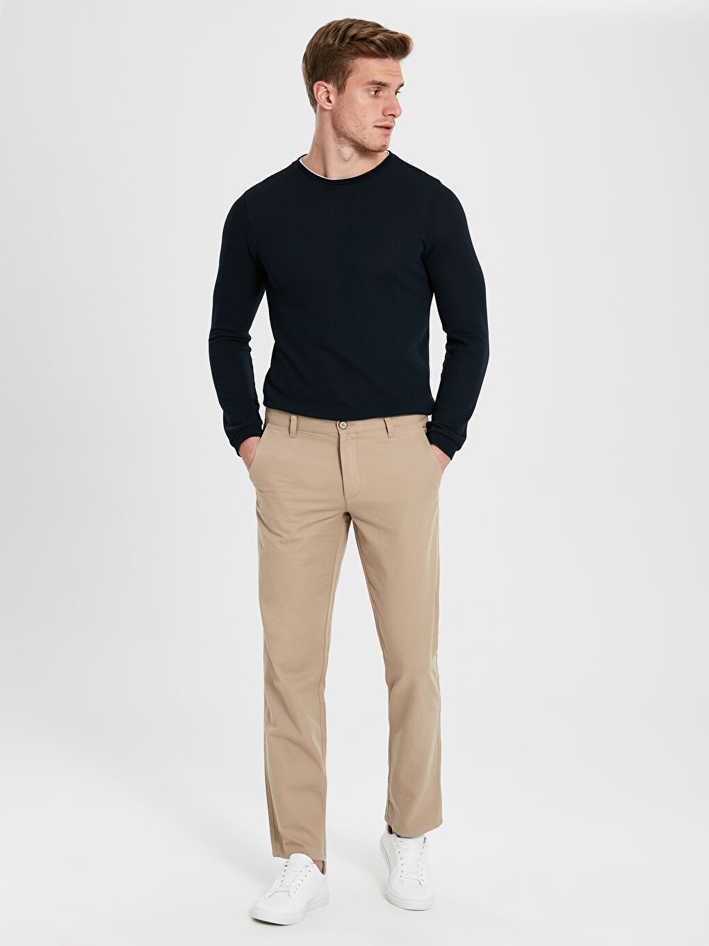 Bej Geniş Kalıp Gabardin Erkek Chino Pantolon-4