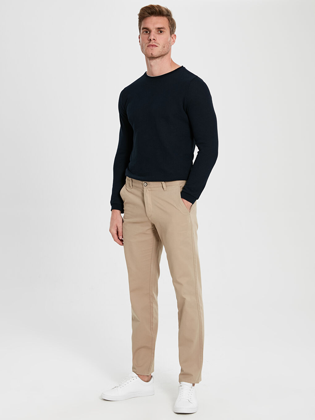 Bej Geniş Kalıp Gabardin Erkek Chino Pantolon-5
