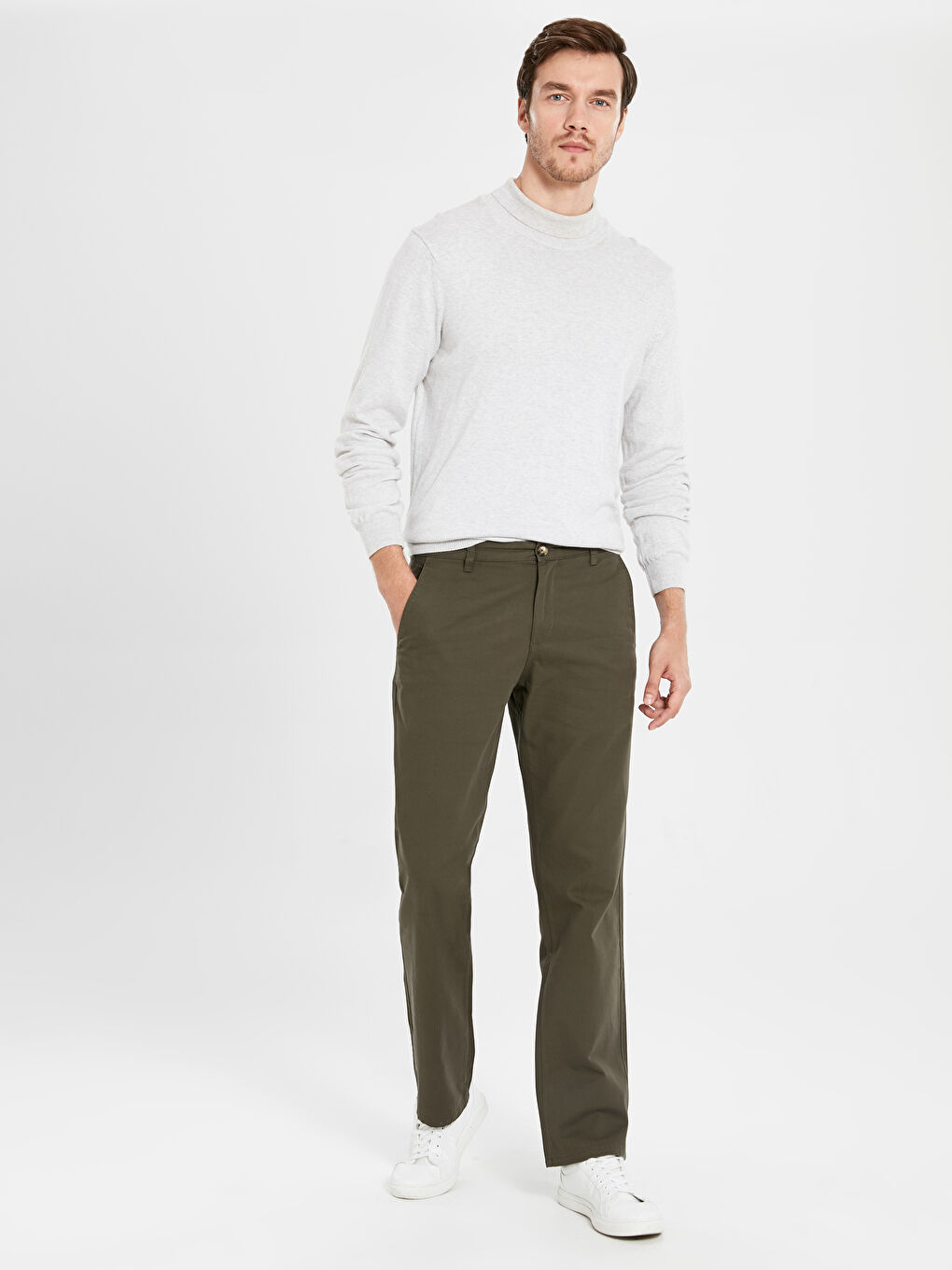 Haki Geniş Kalıp Gabardin Erkek Chino Pantolon-4