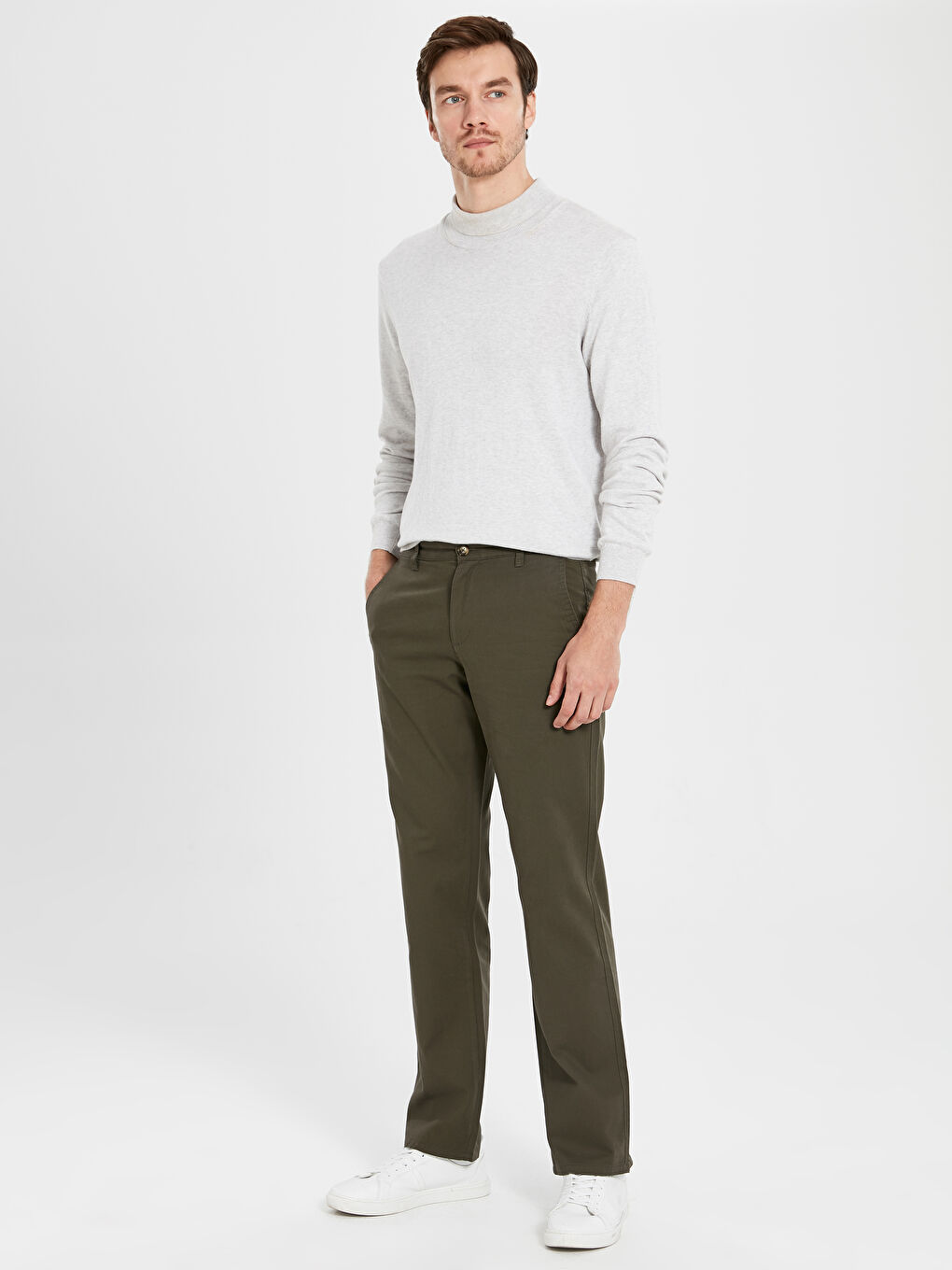 Haki Geniş Kalıp Gabardin Erkek Chino Pantolon-5