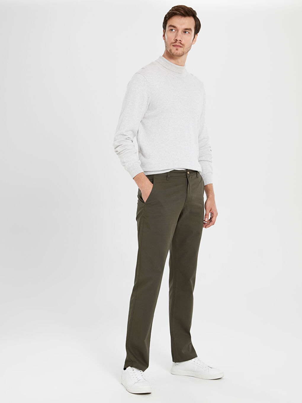 Haki Geniş Kalıp Gabardin Erkek Chino Pantolon-6