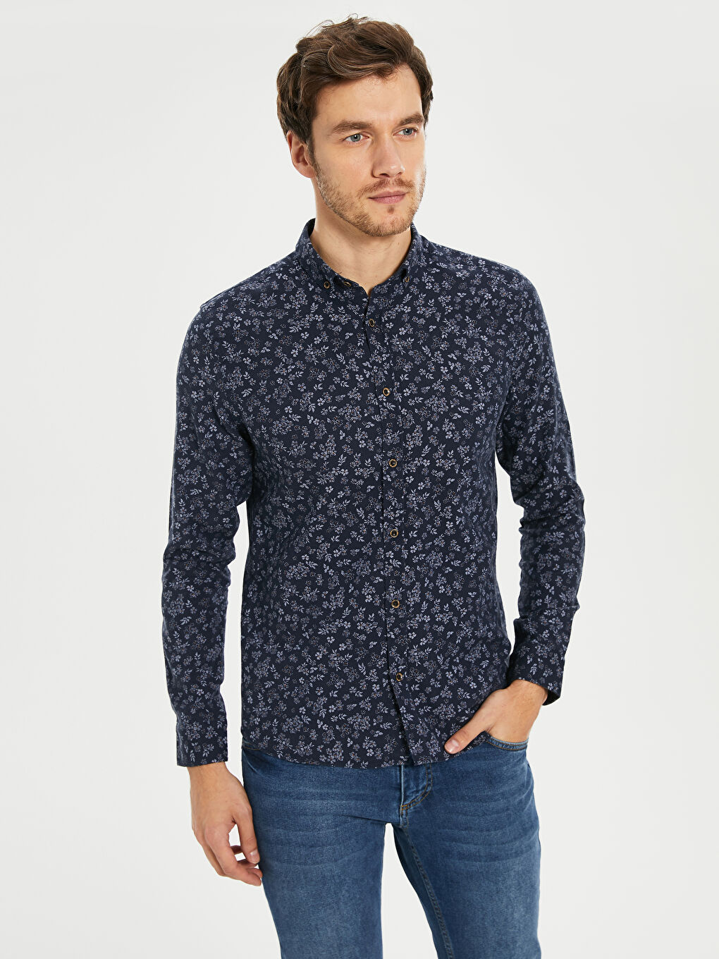 Lacivert Dar Kalıp Uzun Kollu Erkek Gömlek