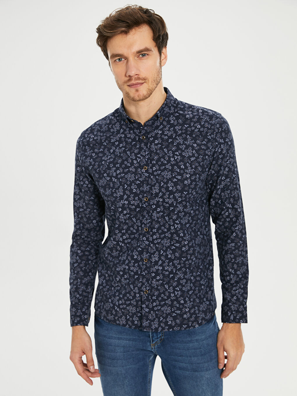 Lacivert Dar Kalıp Uzun Kollu Erkek Gömlek-2