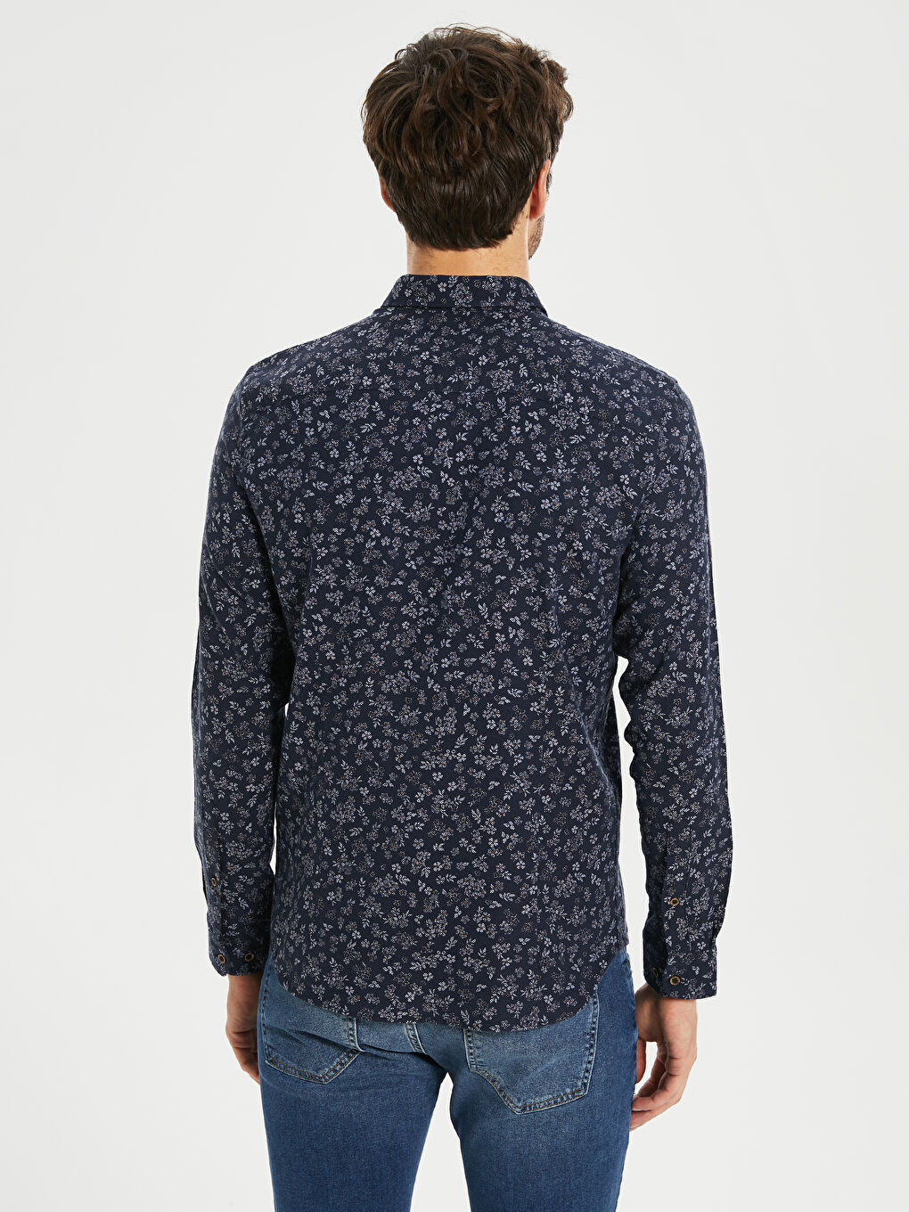 Lacivert Dar Kalıp Uzun Kollu Erkek Gömlek-3