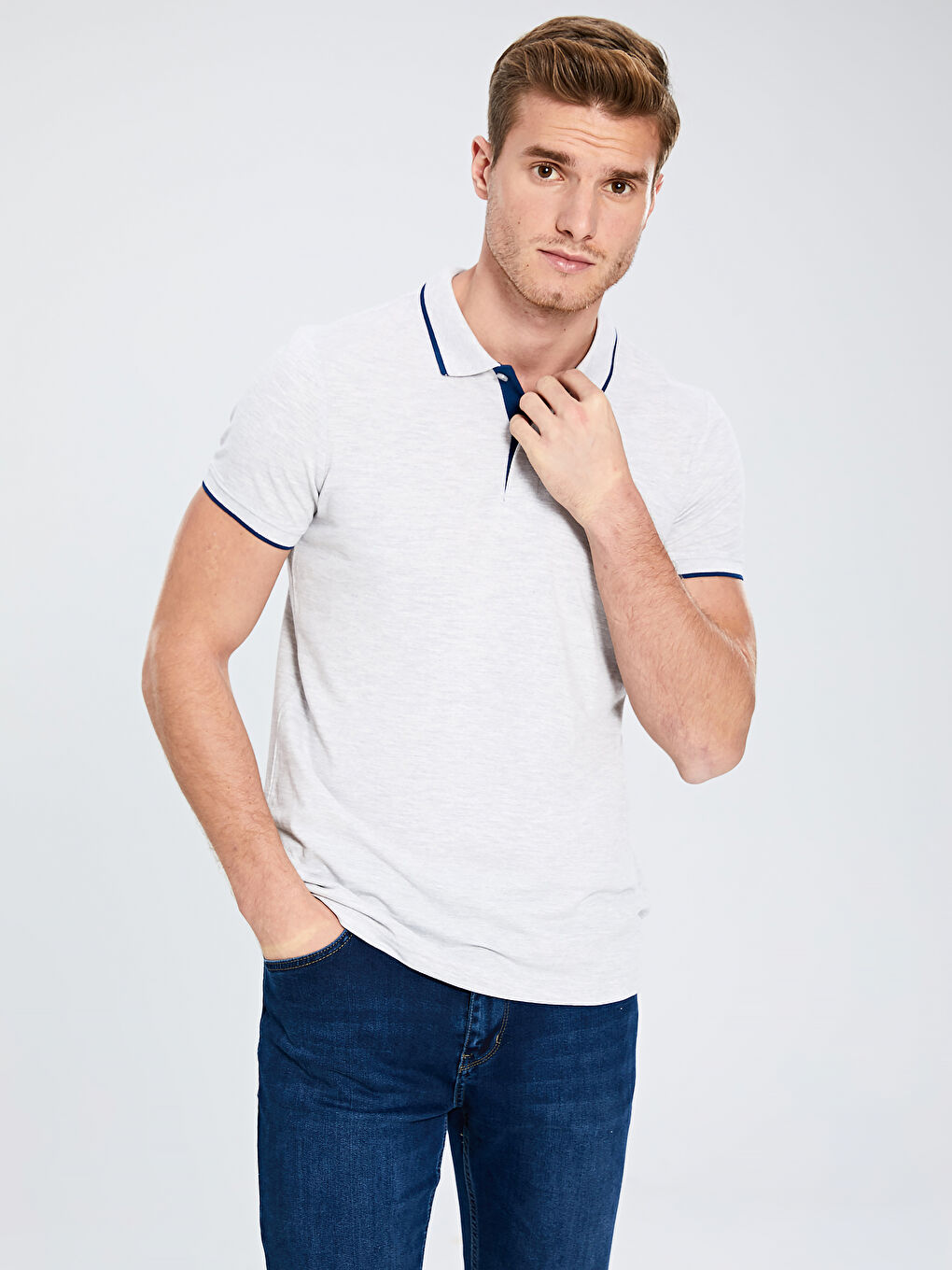 Ekru Polo Yaka Basic Kısa Kollu Pike Tişört-1