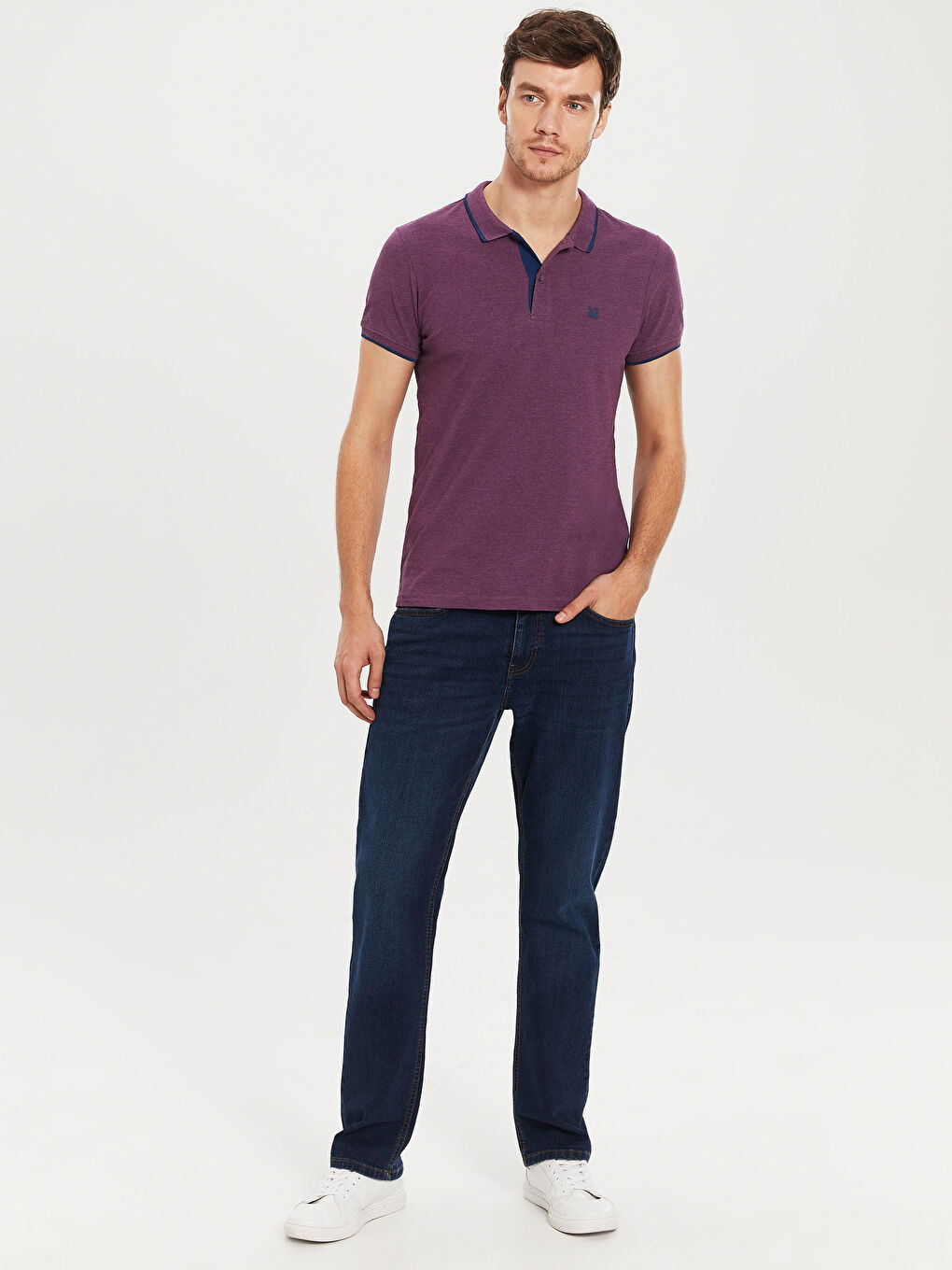 Mor Polo Yaka Basic Kısa Kollu Pike Tişört-3