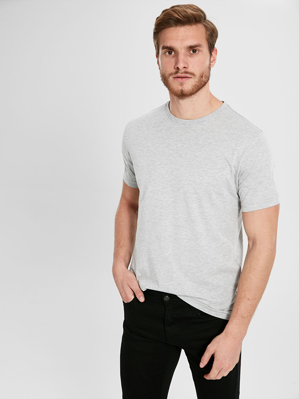 Gri Bisiklet Yaka Basic Penye Tişört-1