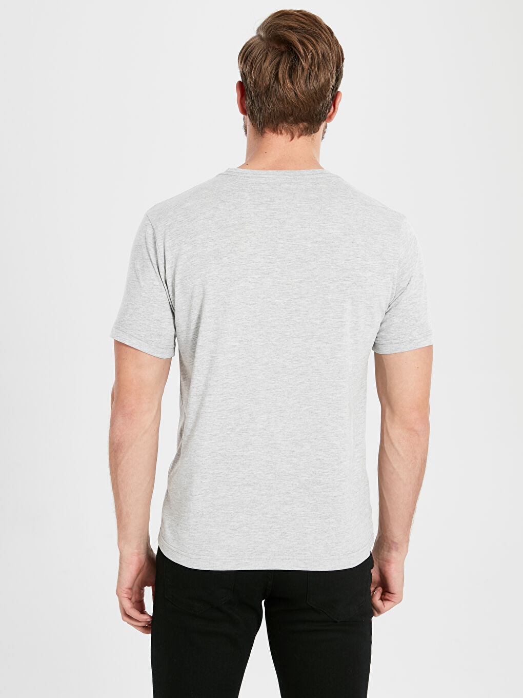 Gri Bisiklet Yaka Basic Penye Tişört-3