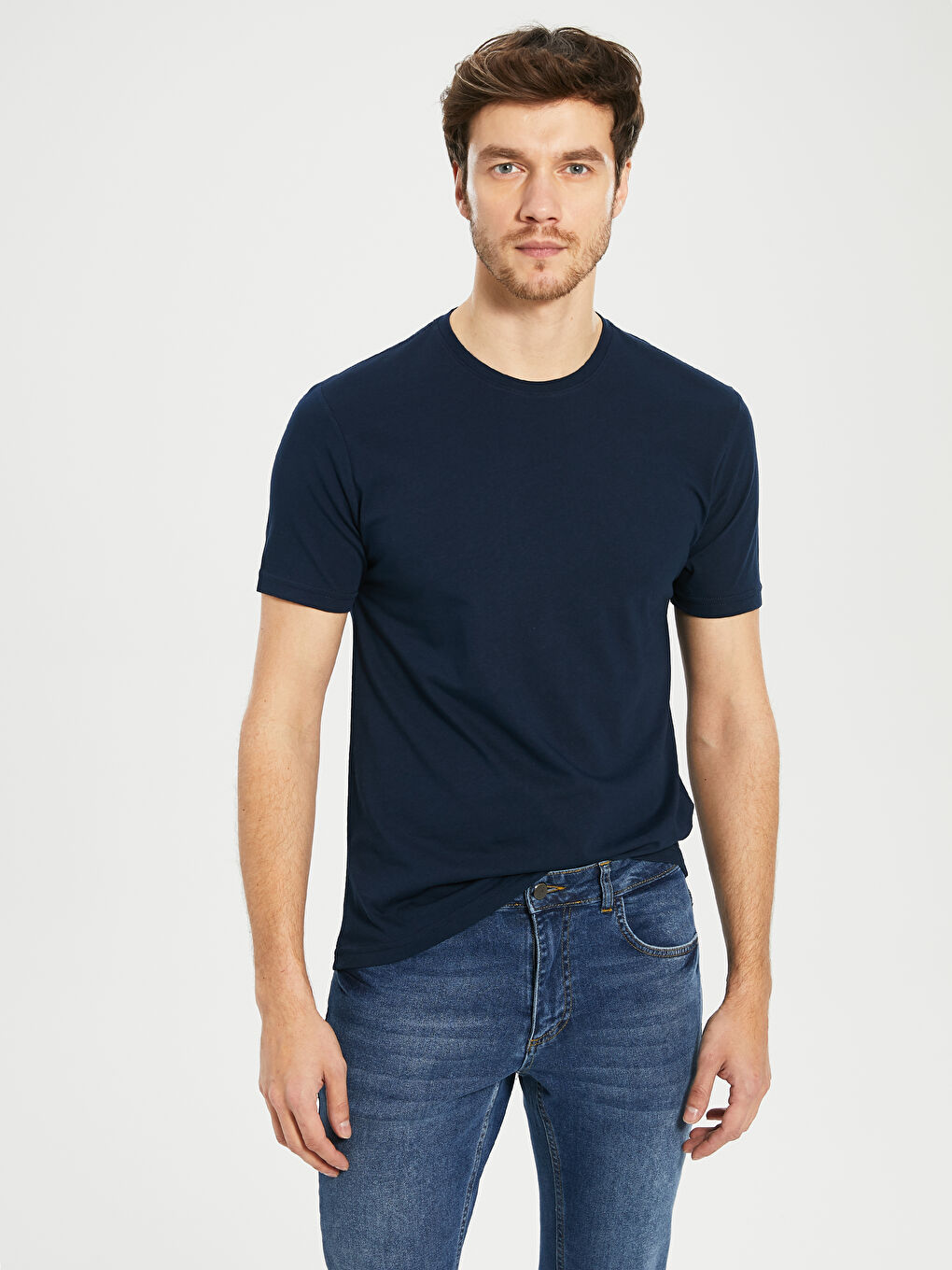 Lacivert Bisiklet Yaka Basic Penye Tişört-1