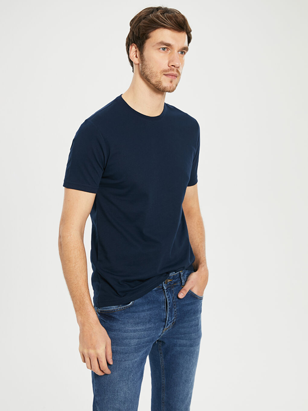 Lacivert Bisiklet Yaka Basic Penye Tişört-2