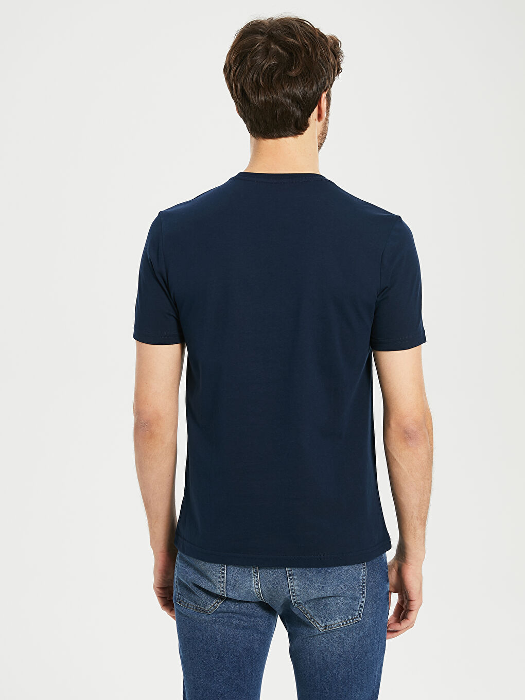 Lacivert Bisiklet Yaka Basic Penye Tişört-3