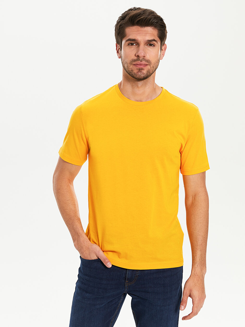 Turuncu Bisiklet Yaka Basic Penye Tişört-1