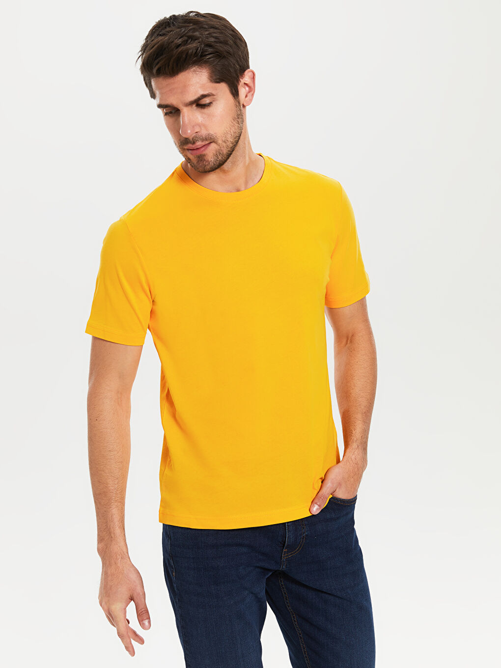 Turuncu Bisiklet Yaka Basic Penye Tişört-2