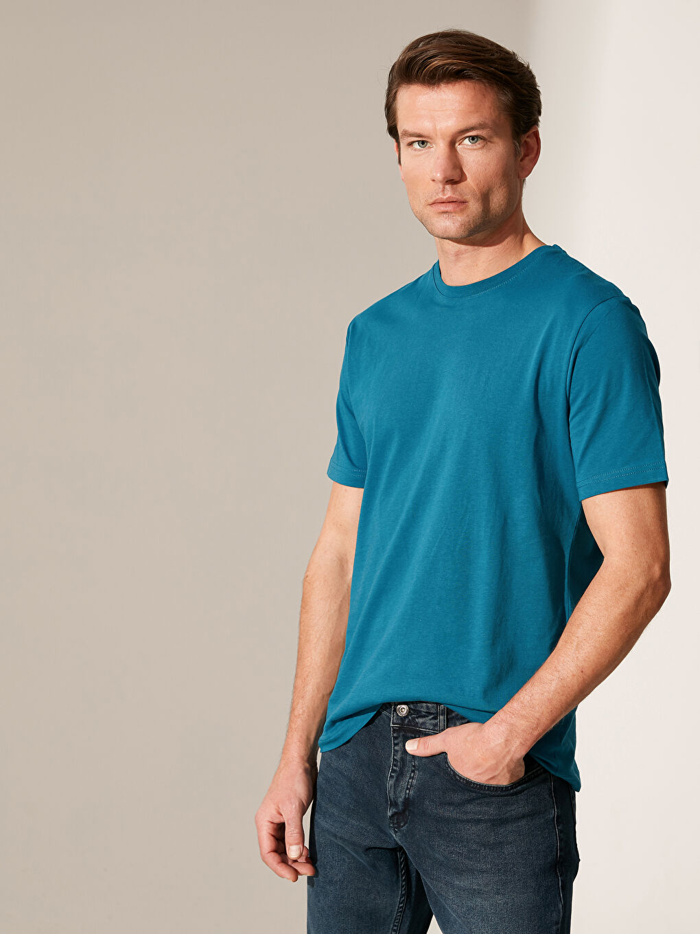 Petrol Bisiklet Yaka Basic Penye Tişört-1