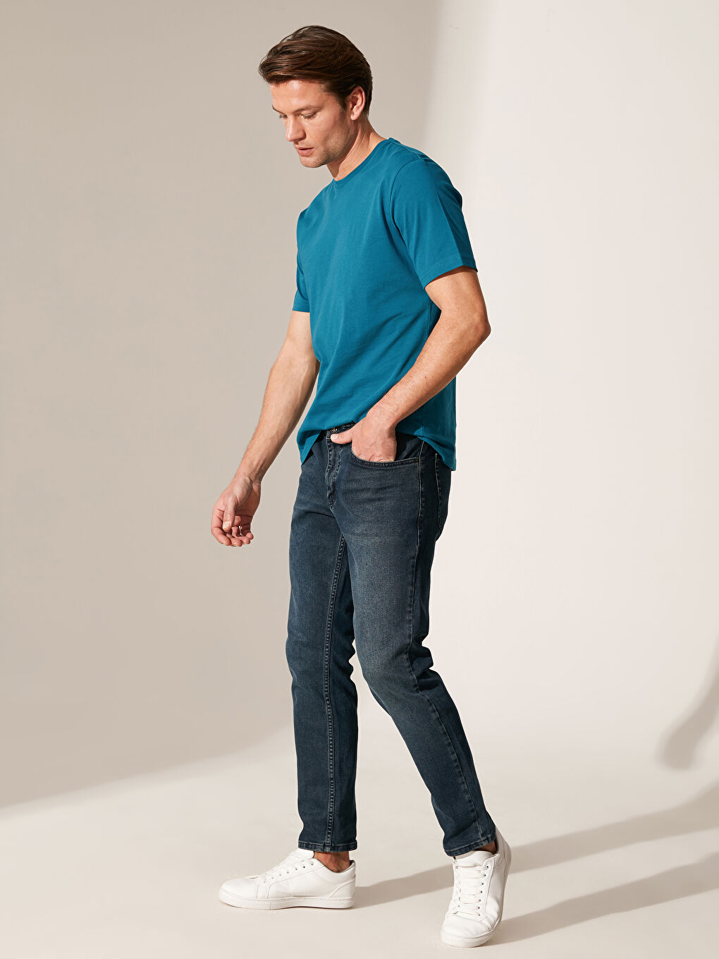 Petrol Bisiklet Yaka Basic Penye Tişört-3