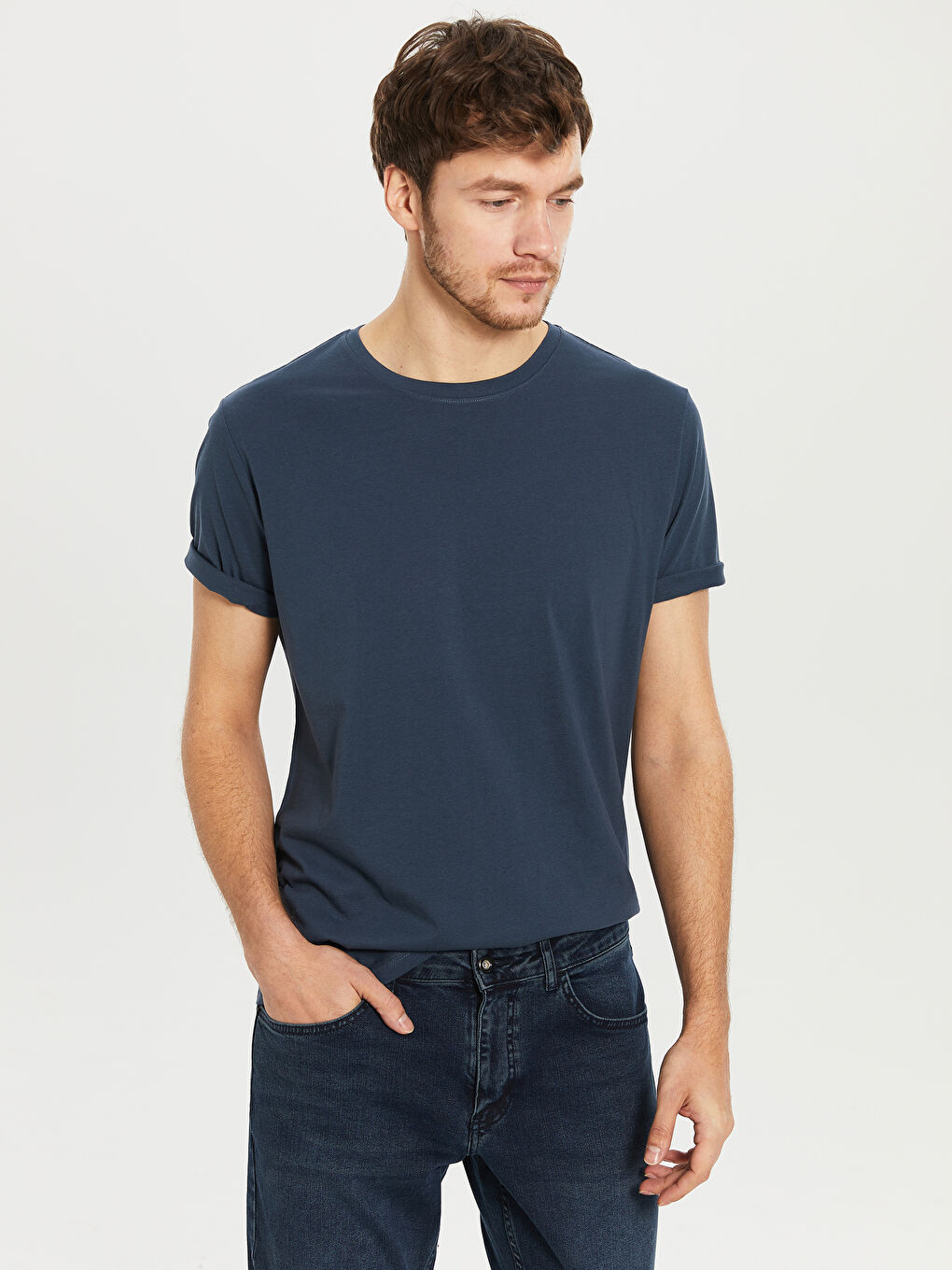 İndigo Bisiklet Yaka Basic Penye Tişört-1