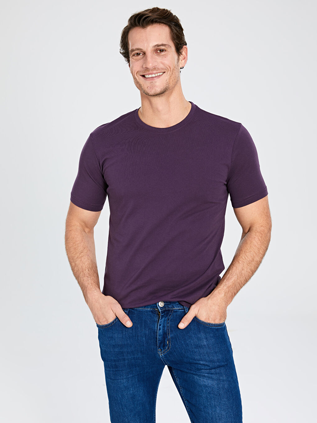 Mor Bisiklet Yaka Basic Penye Tişört