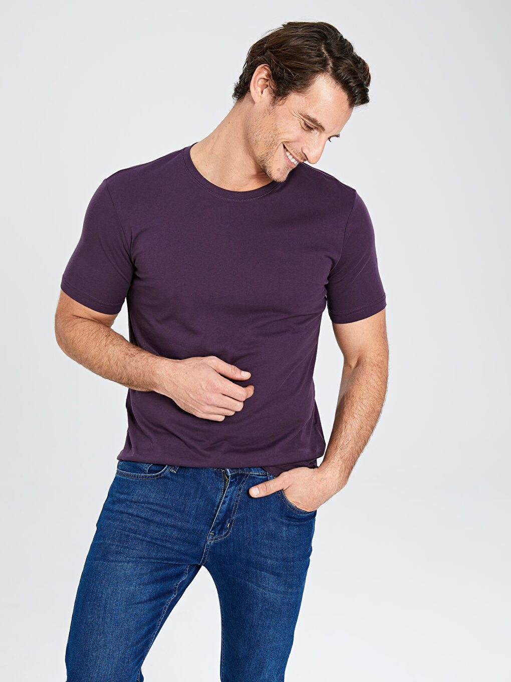 Mor Bisiklet Yaka Basic Penye Tişört-1