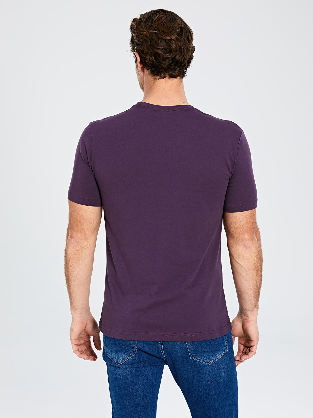 Mor Bisiklet Yaka Basic Penye Tişört-2