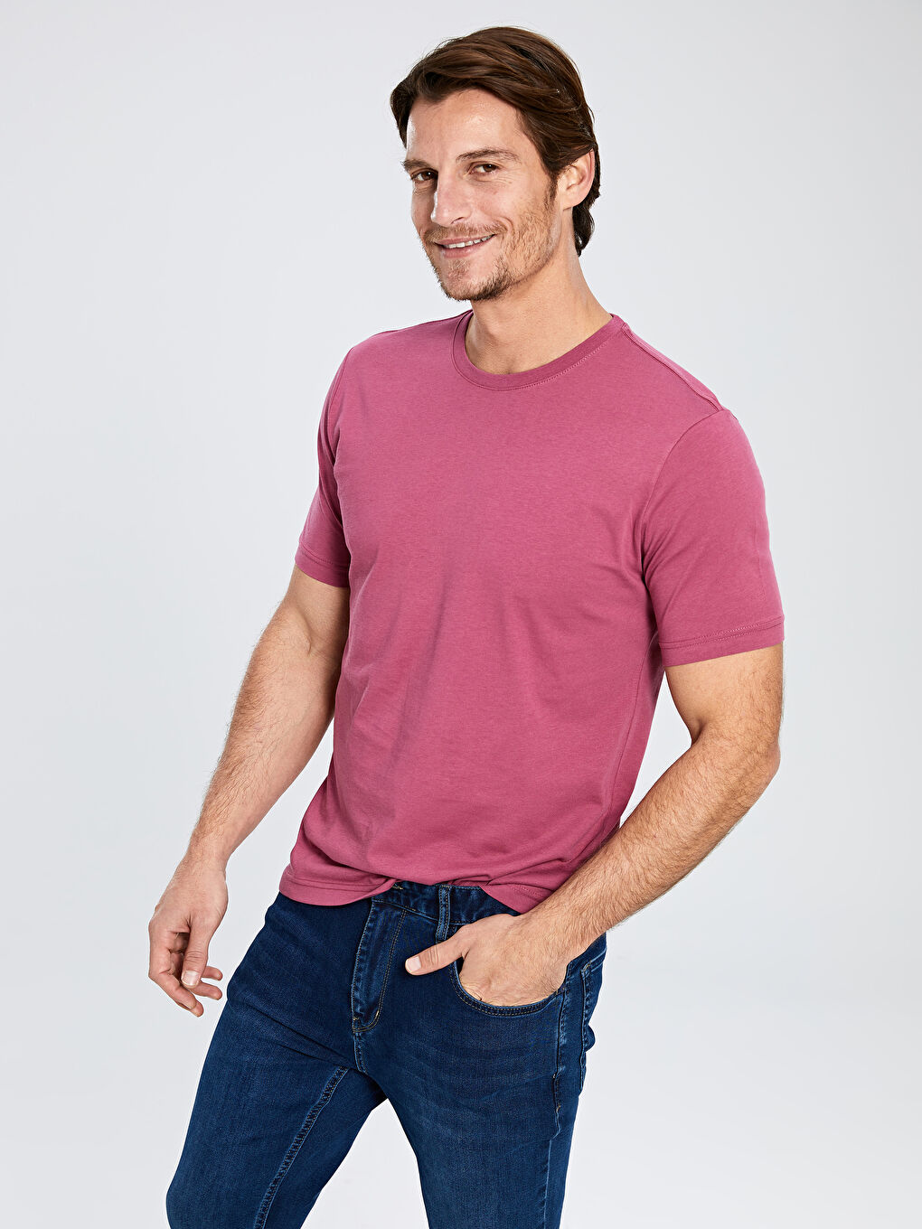 Pembe Bisiklet Yaka Basic Penye Tişört