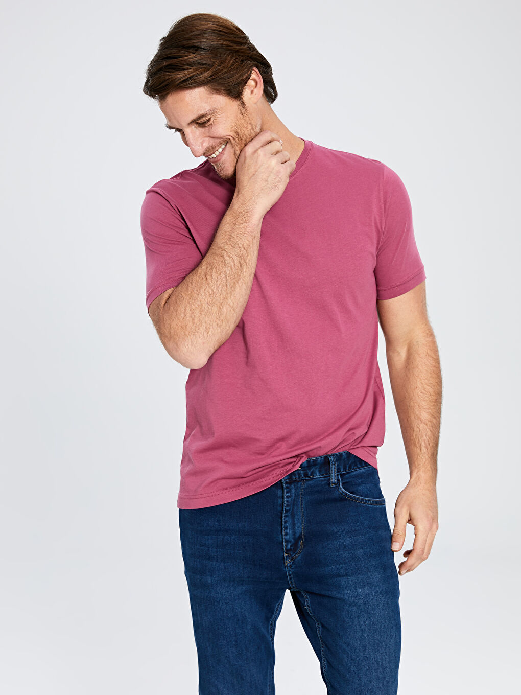 Pembe Bisiklet Yaka Basic Penye Tişört-1