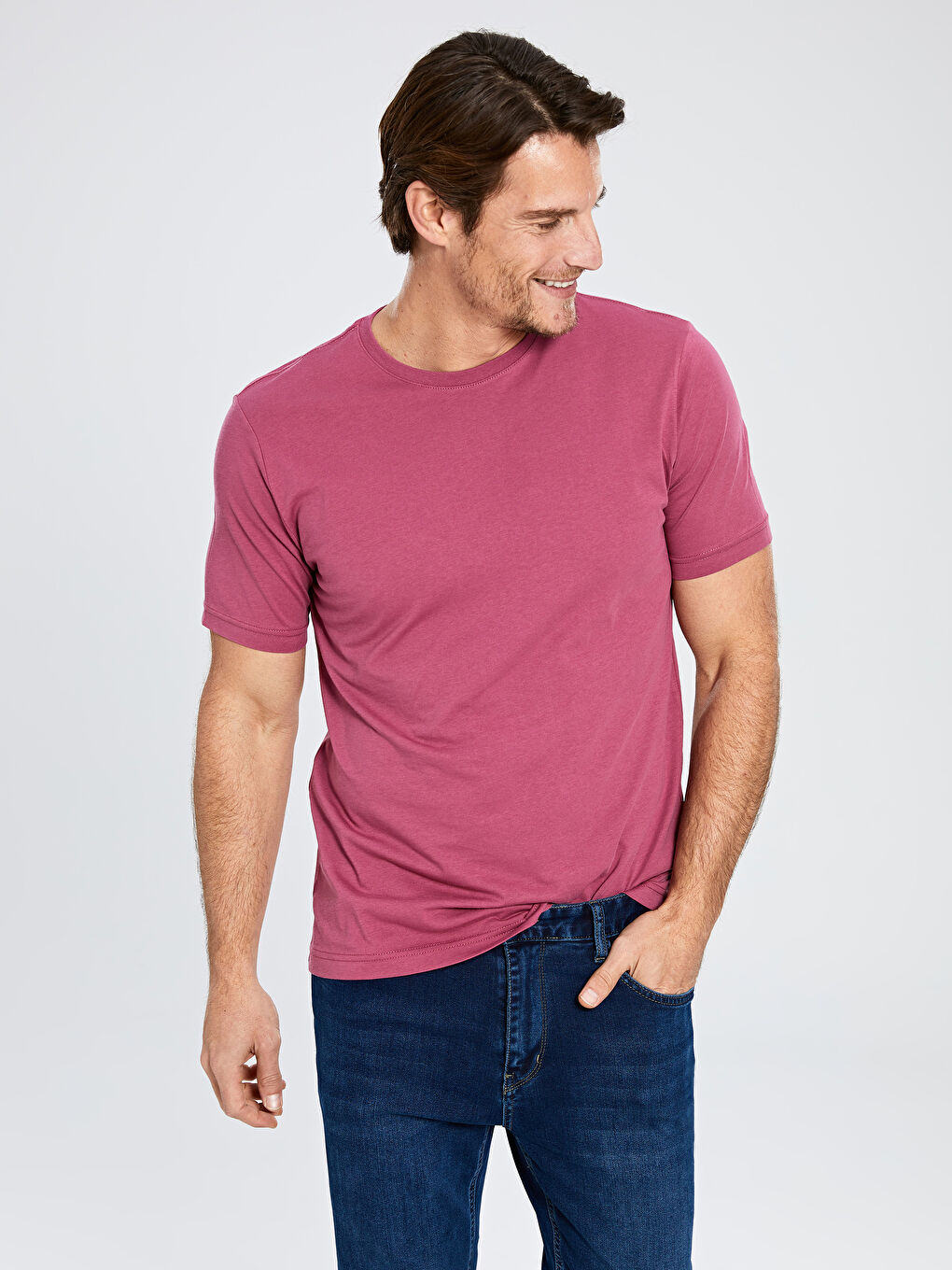 Pembe Bisiklet Yaka Basic Penye Tişört-2