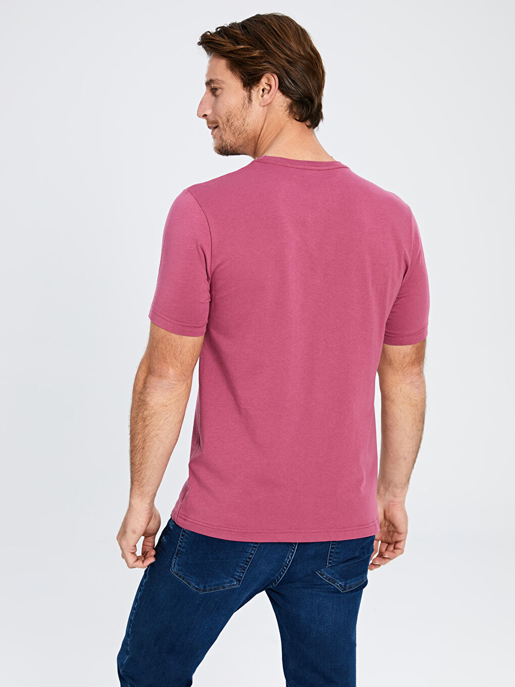 Pembe Bisiklet Yaka Basic Penye Tişört-3