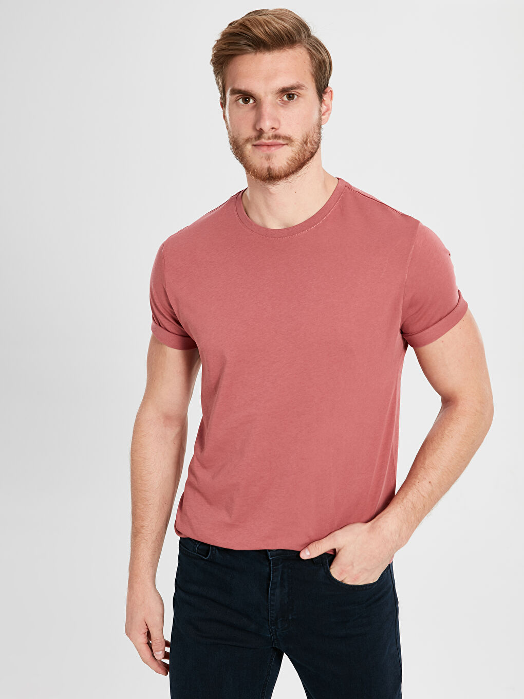 Pembe Bisiklet Yaka Basic Penye Tişört