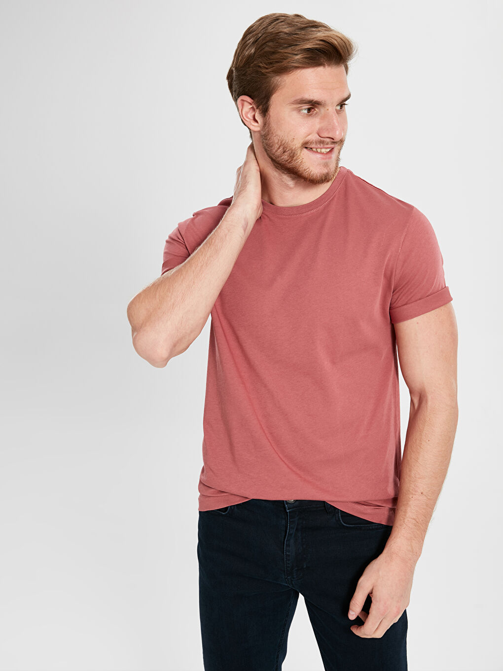 Pembe Bisiklet Yaka Basic Penye Tişört-1