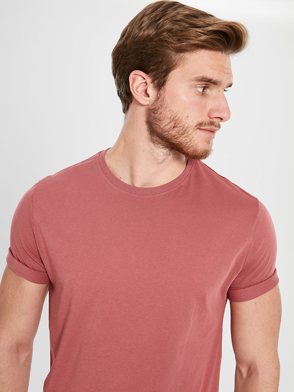 Pembe Bisiklet Yaka Basic Penye Tişört-2