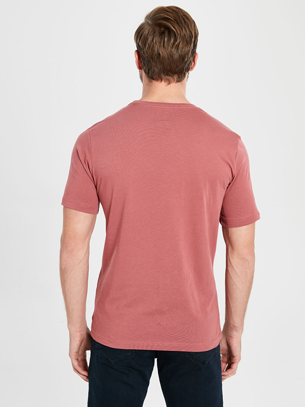 Pembe Bisiklet Yaka Basic Penye Tişört-3