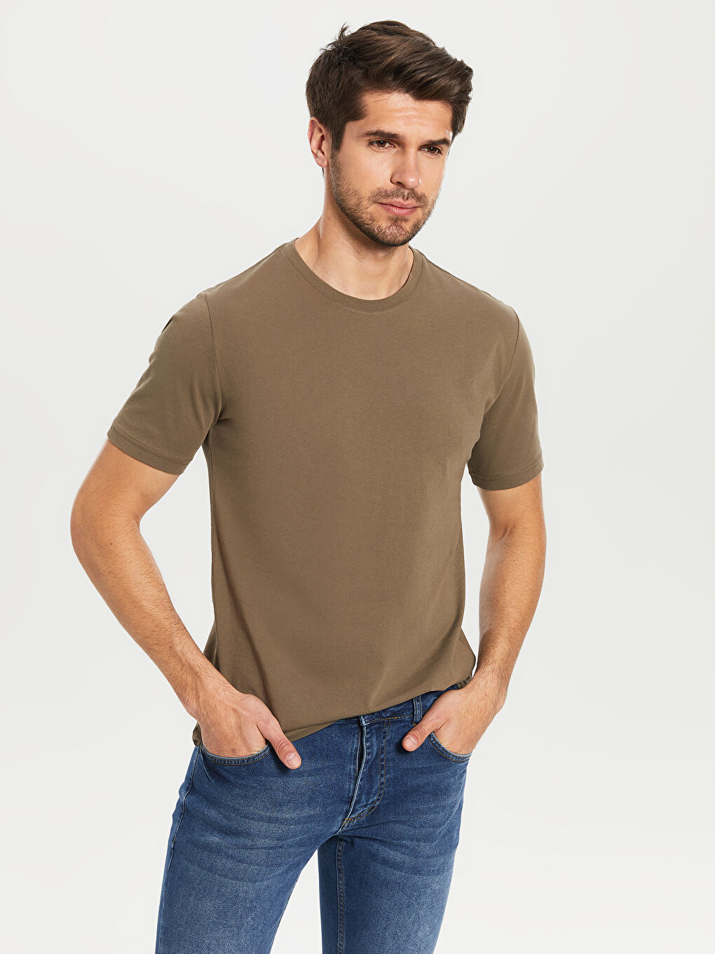 Haki Bisiklet Yaka Basic Penye Tişört