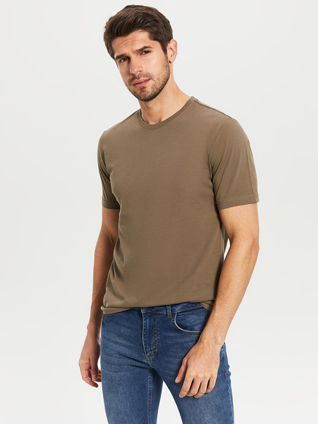 Haki Bisiklet Yaka Basic Penye Tişört-1