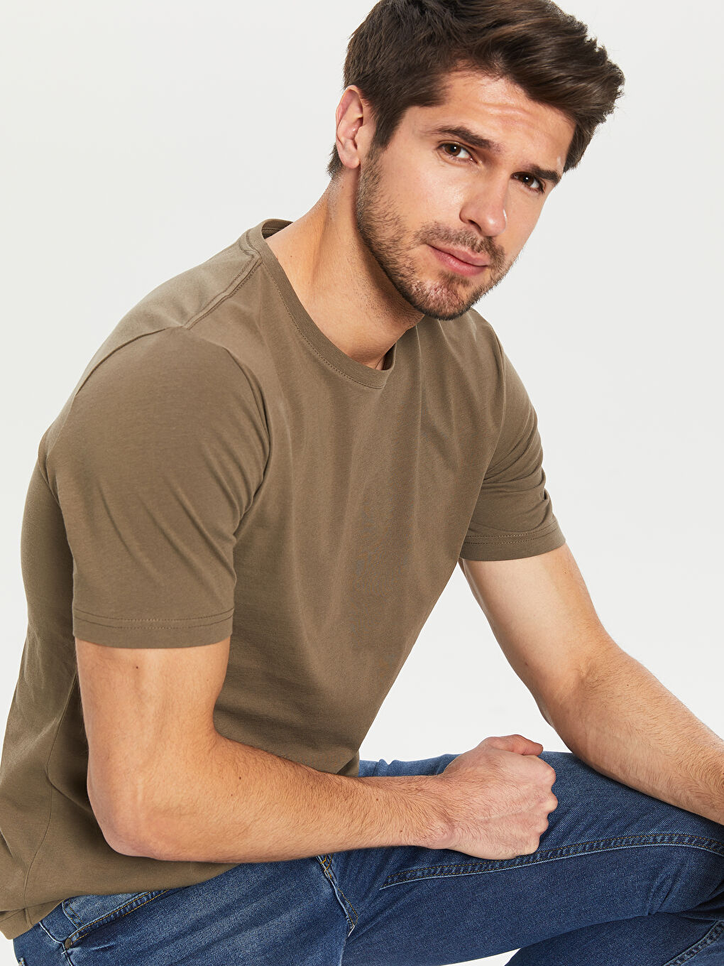 Haki Bisiklet Yaka Basic Penye Tişört-2