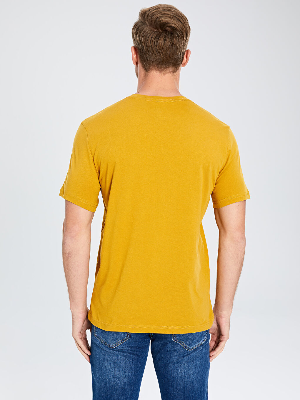 Sarı V Yaka Kısa Kollu Basic Pamuklu Erkek Tişört-3