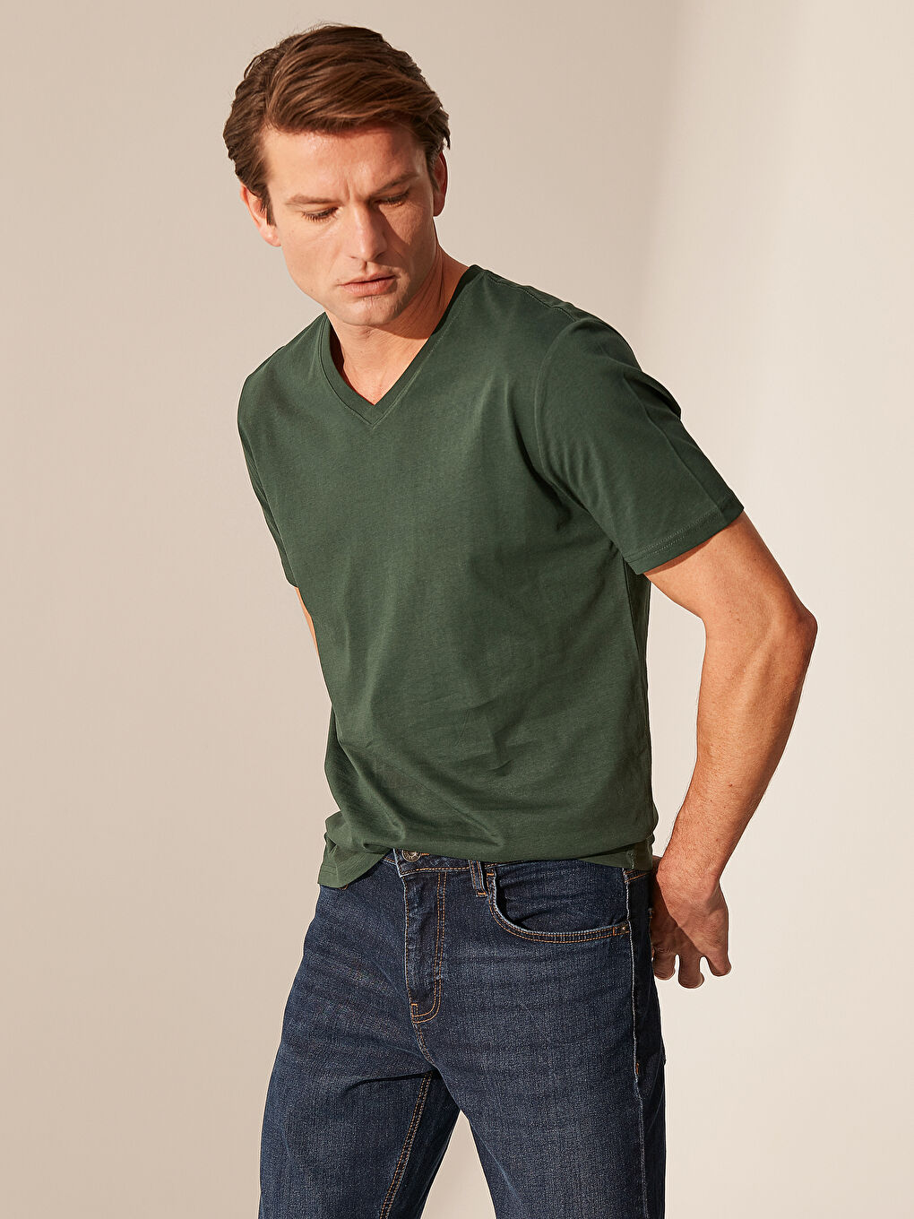 V-Ausschnitt Kurzarm Basic Baumwolle Herren T-Shirt-1