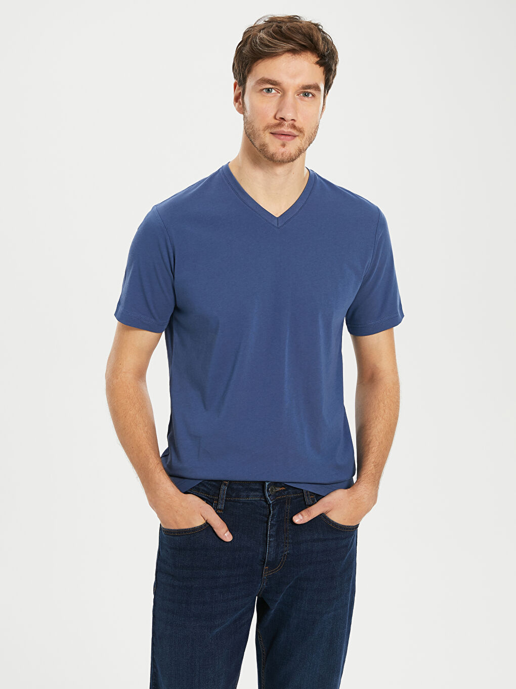 İndigo V Yaka Kısa Kollu Basic Pamuklu Erkek Tişört