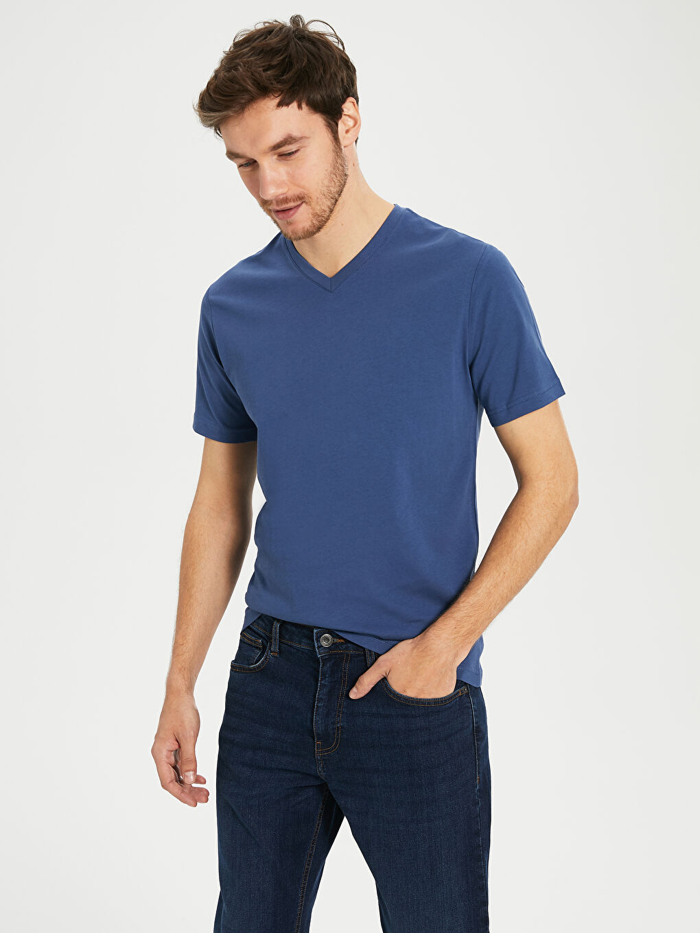İndigo V Yaka Kısa Kollu Basic Pamuklu Erkek Tişört-1