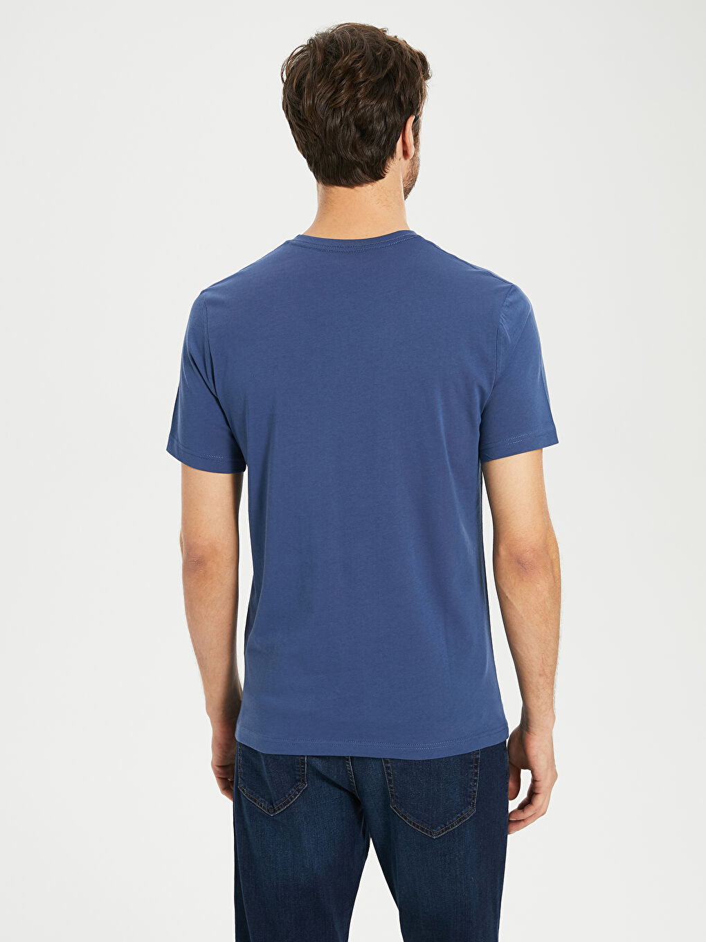 İndigo V Yaka Kısa Kollu Basic Pamuklu Erkek Tişört-2