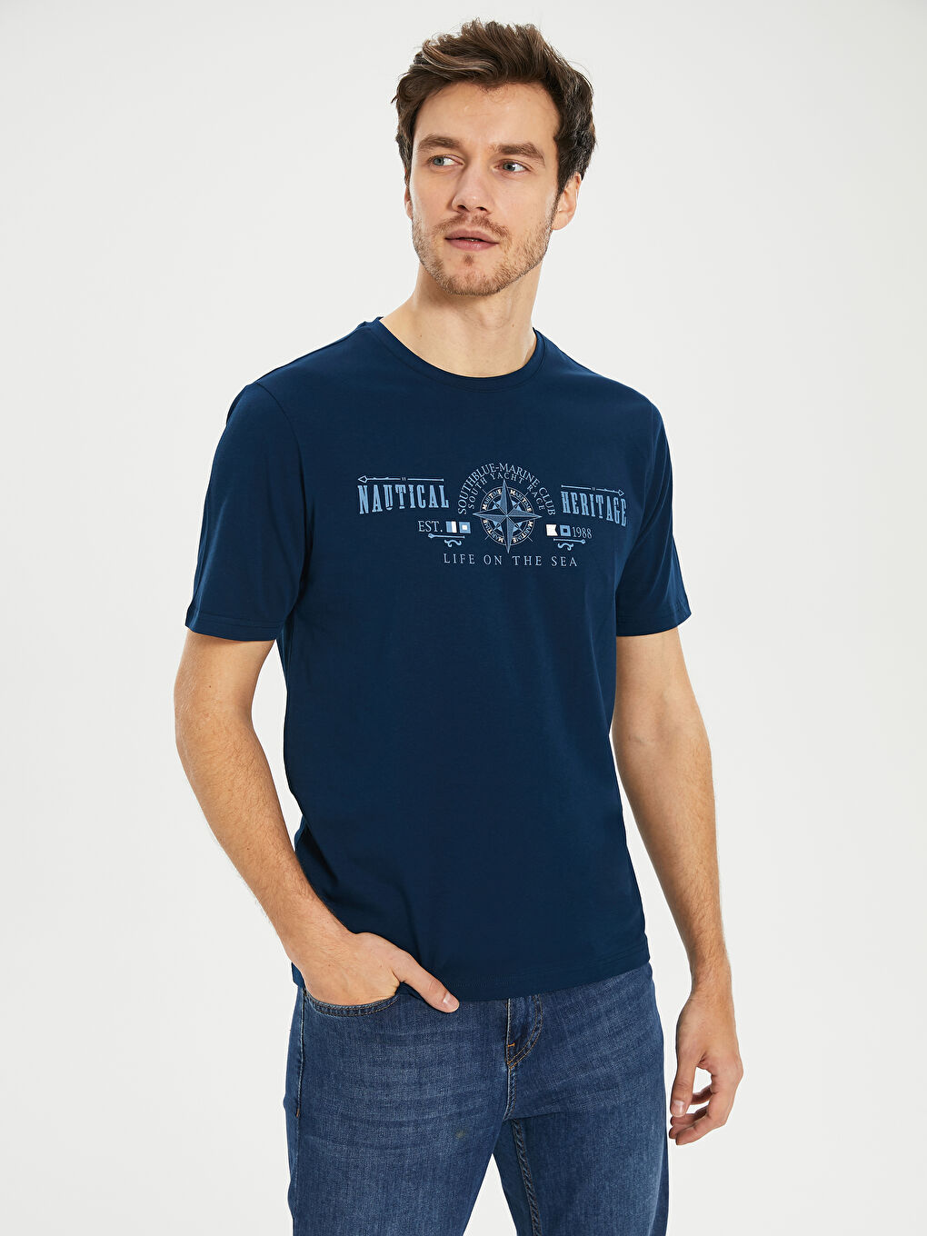 Lacivert Kısa Kollu Penye Erkek Tişört-1