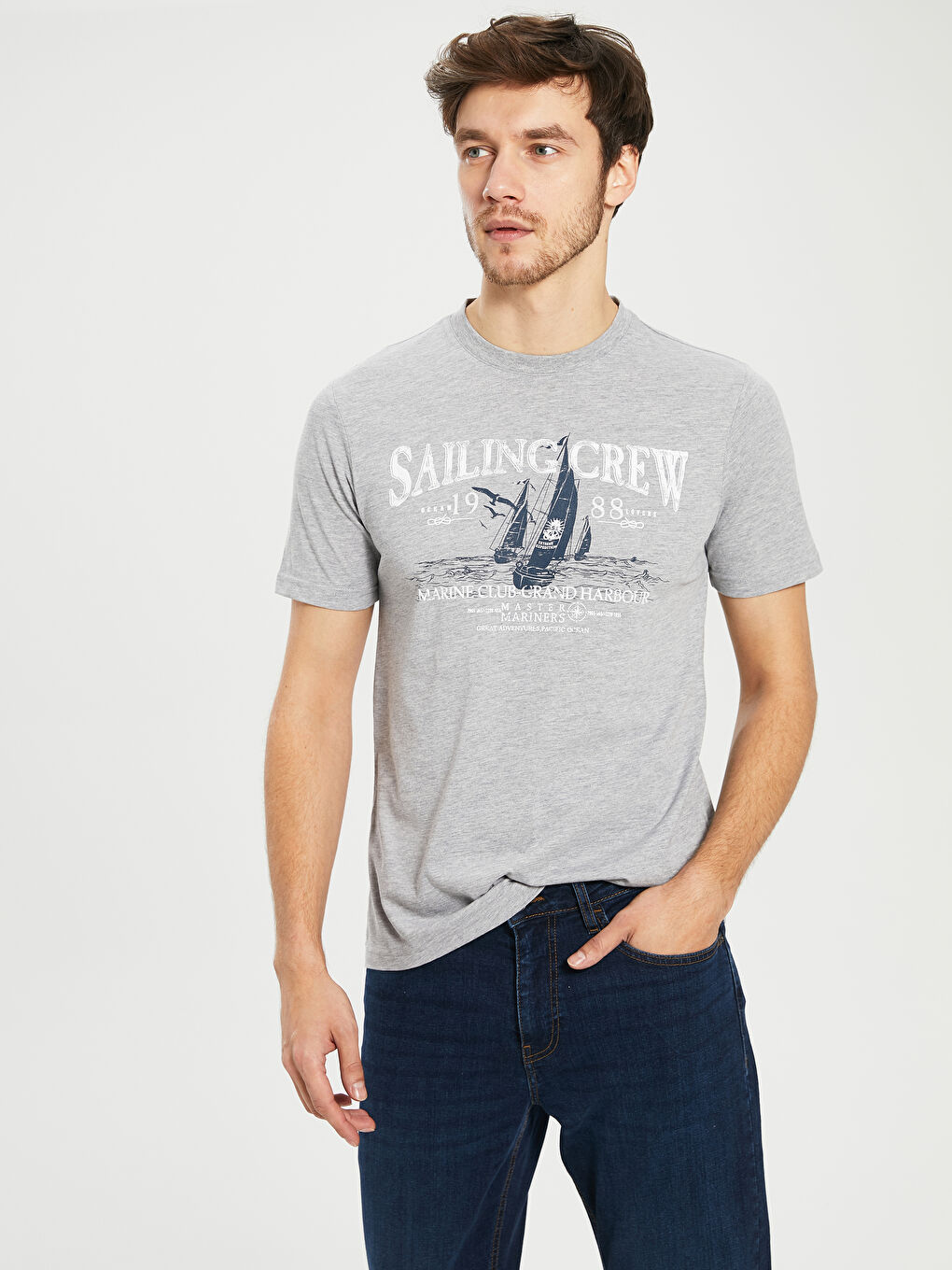 Gri Kısa Kollu Penye Erkek Tişört-1