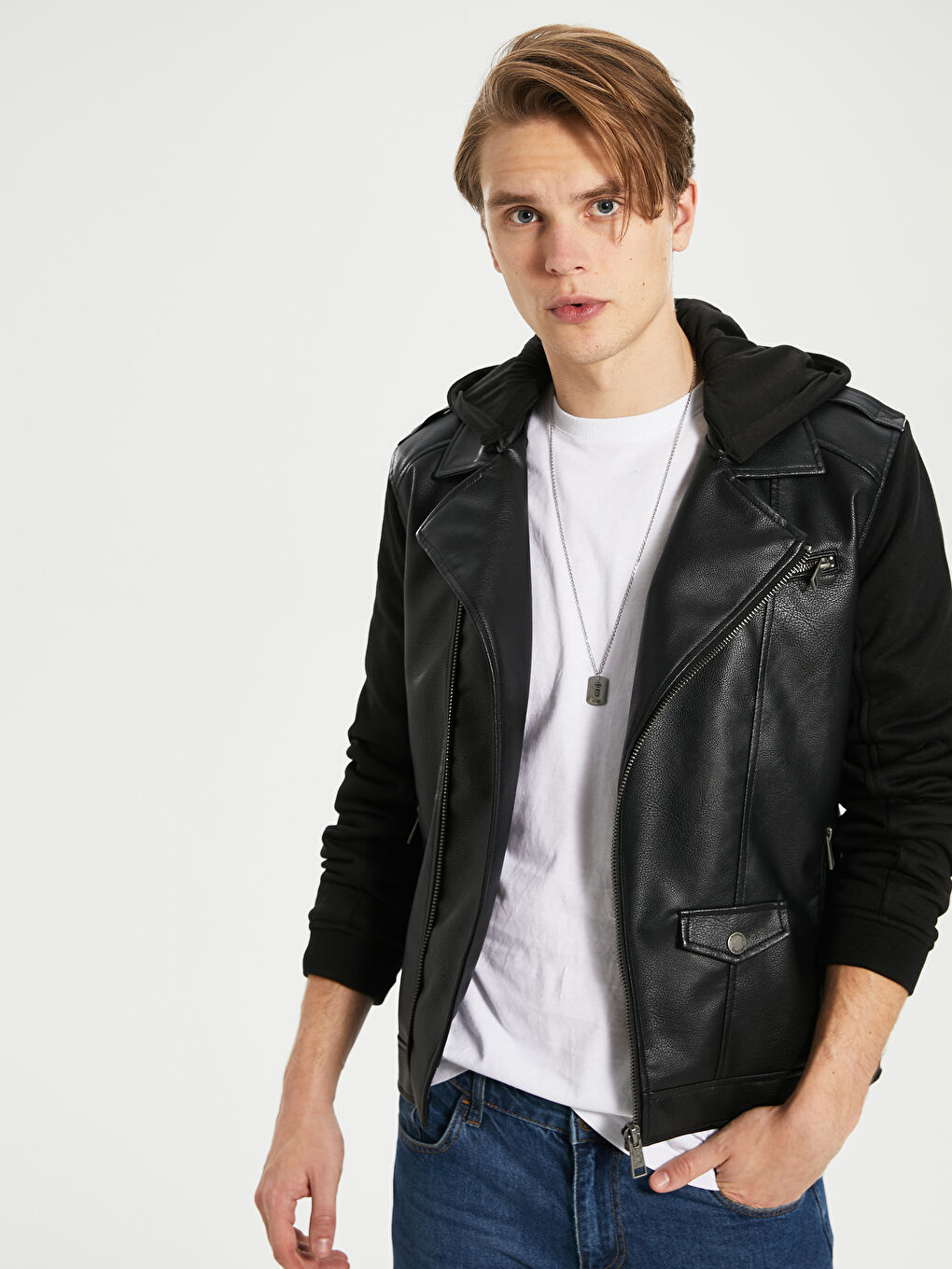 Siyah Standart Kalıp Erkek Deri Görünümlü Mont-1