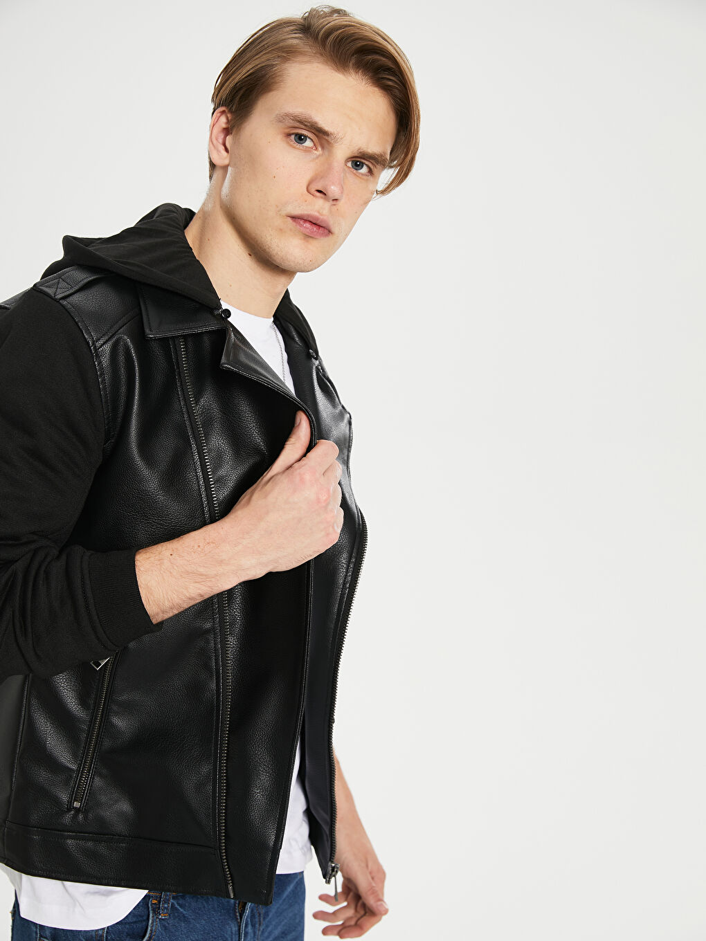 Siyah Standart Kalıp Erkek Deri Görünümlü Mont-2