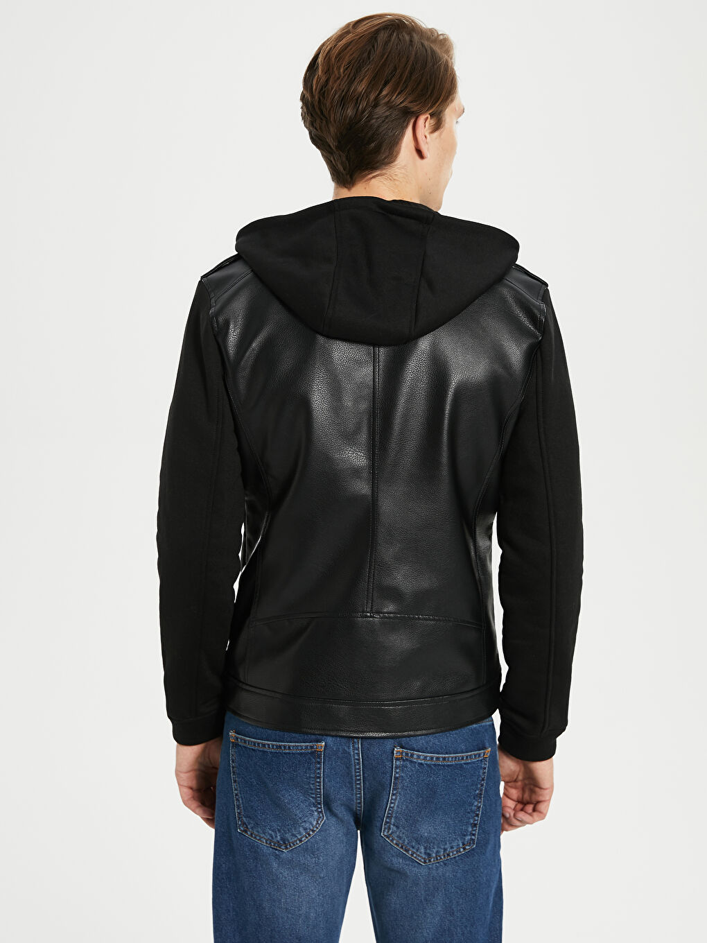 Siyah Standart Kalıp Erkek Deri Görünümlü Mont-5