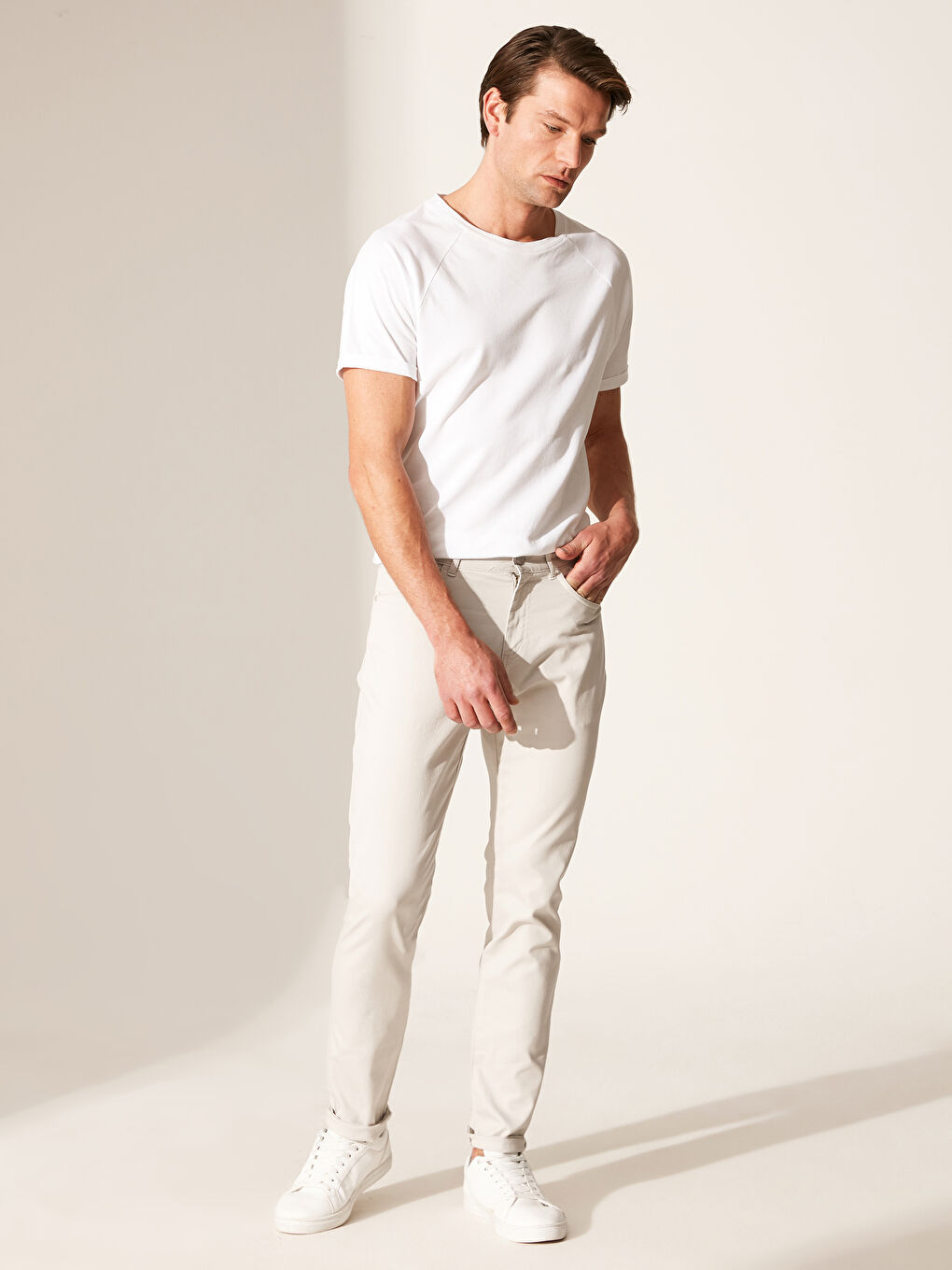 Bej Slim Fit Armürlü Pantolon-1