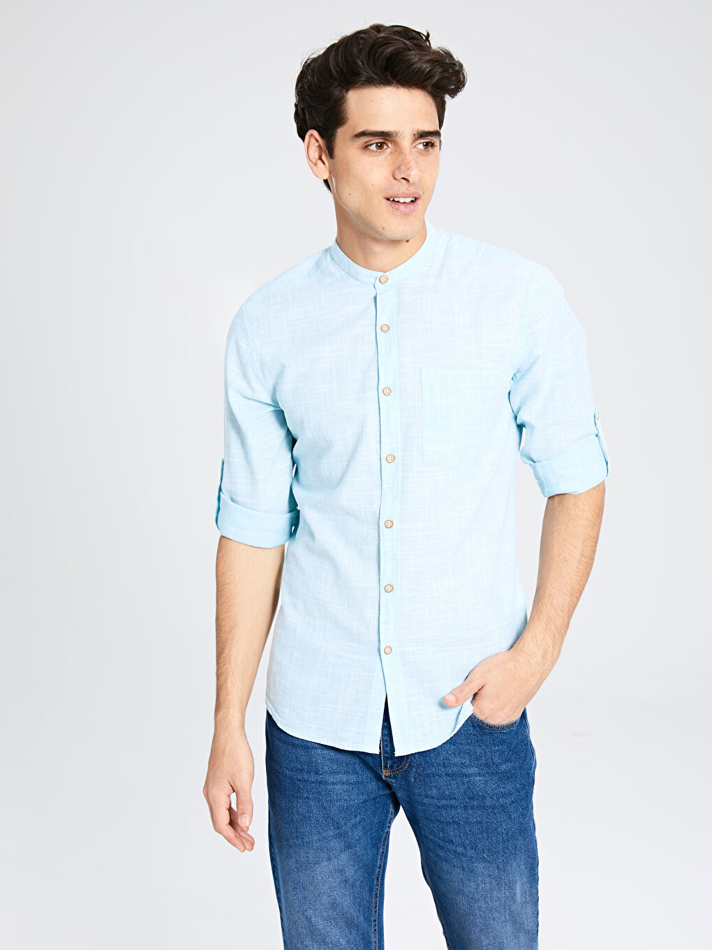 Slim fit poplin košulja s ruskom kragnom -1