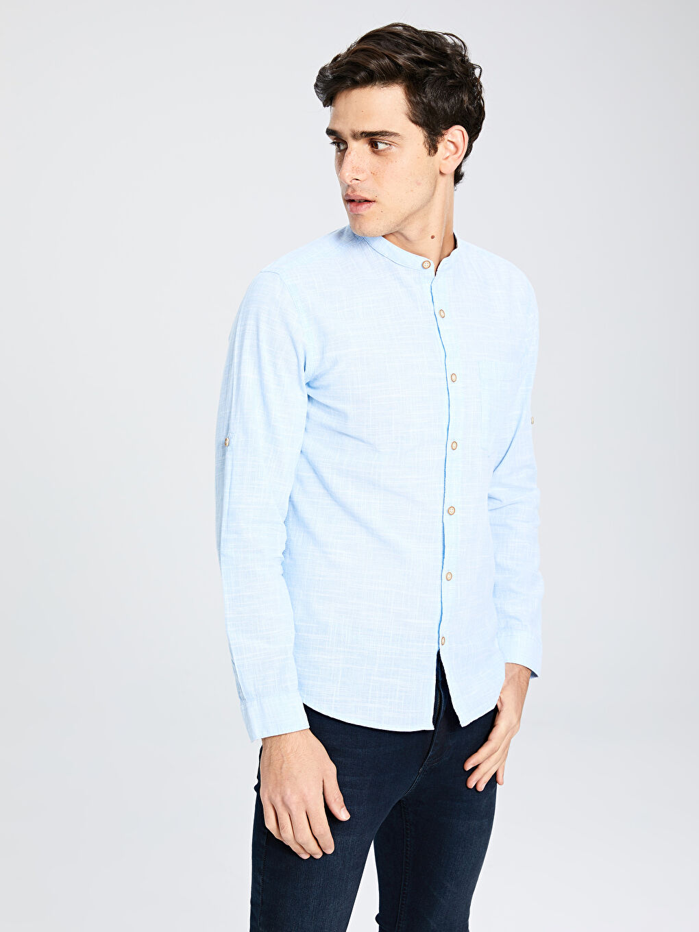 Slim fit poplin košulja s ruskom kragnom -1