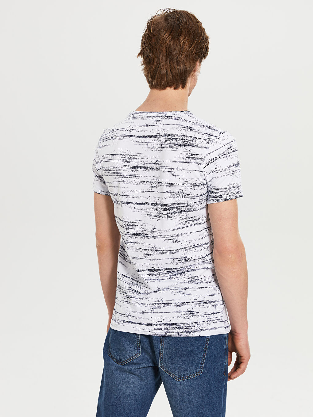 Beyaz Bisiklet Yaka Kısa Kollu Baskılı Penye Erkek Tişört-4