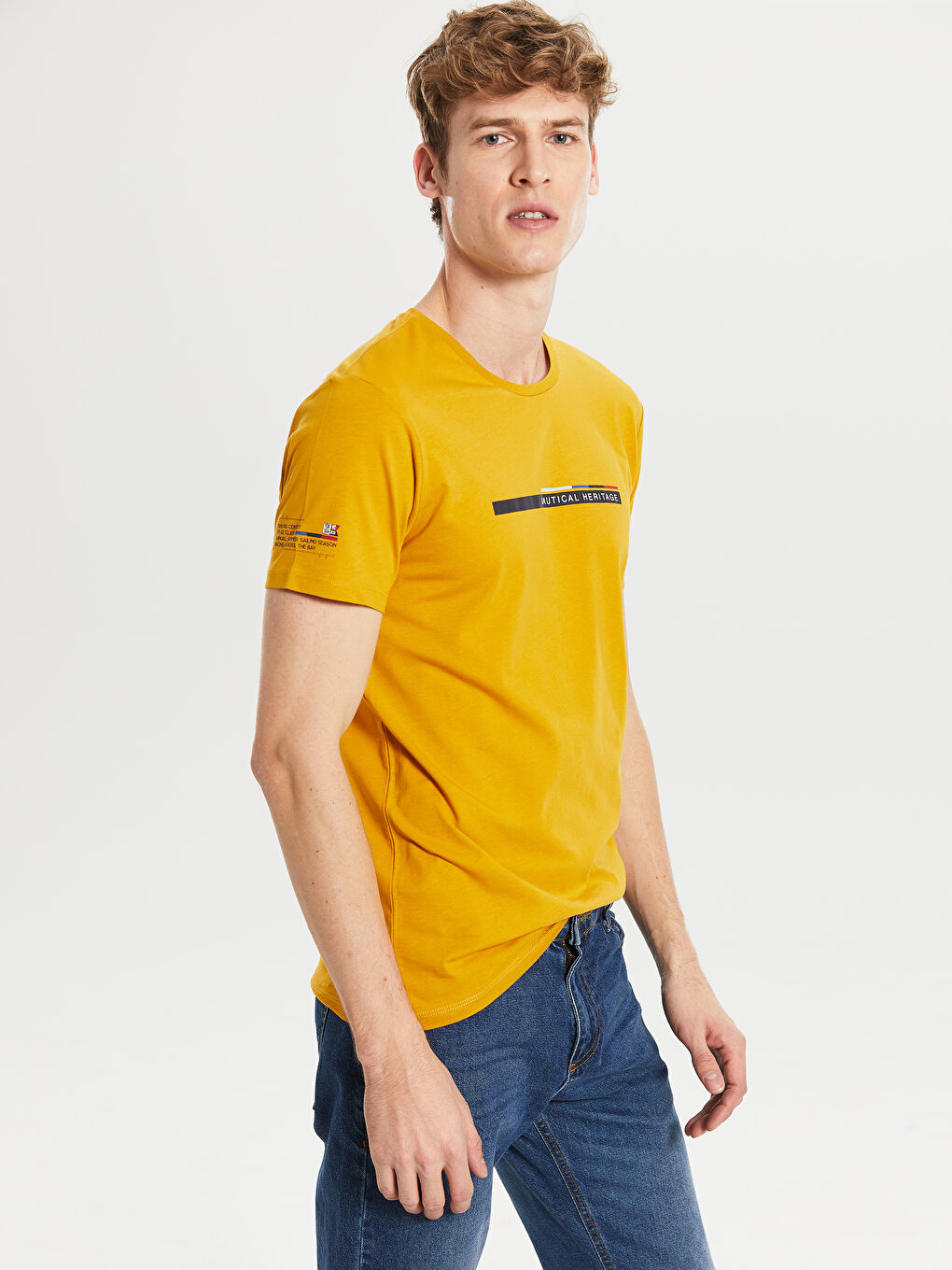 Sarı Bisiklet Yaka Kısa Kollu Baskılı Penye Erkek Tişört-1